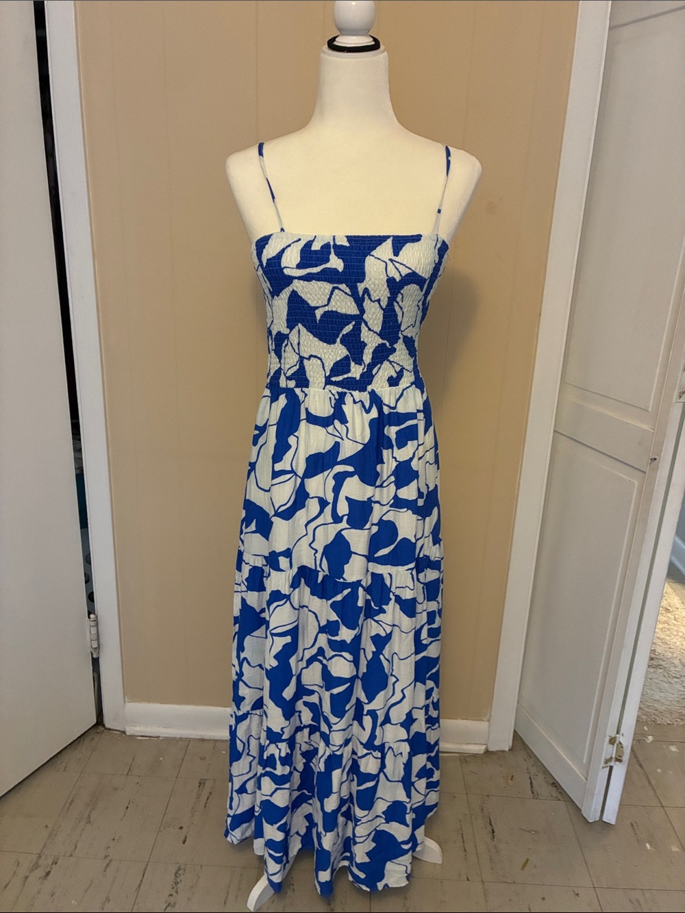 Blue and White Smocked Maxi Dress with Spaghetti Straps - Women